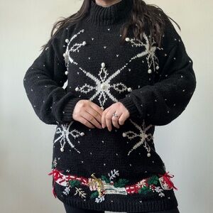 Vintage Black Snowflake Hand Knit Sweater